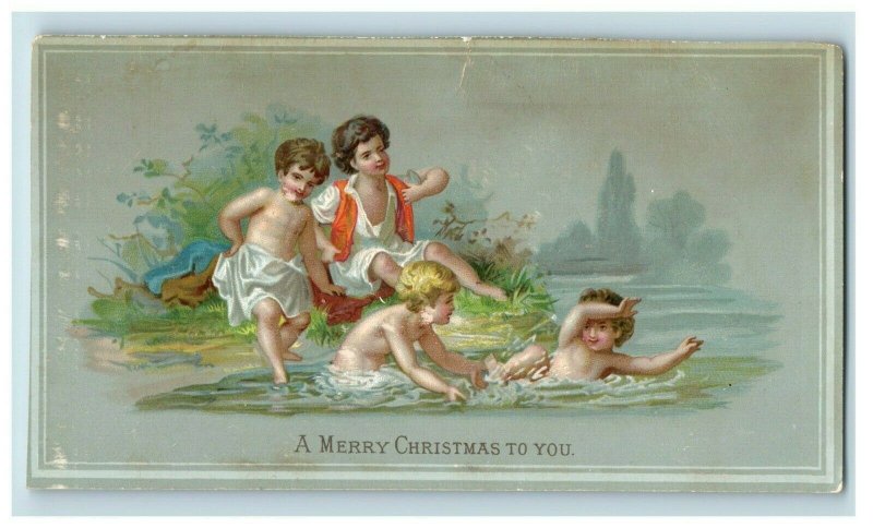 Victorian Christmas Card Boys Playing in Lake Splashing Holiday Wishes P49 