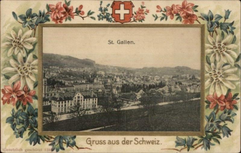 Gruss Aus Der Schweiz St. Gallen Switzerland Floral Border c1910 Used PC/Cover