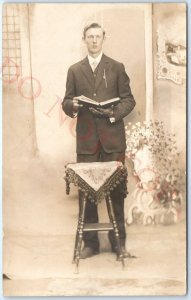 ID'd c1910s Handsome Young Man Read Bible RPPC Real Photo Philip Hooverman A143