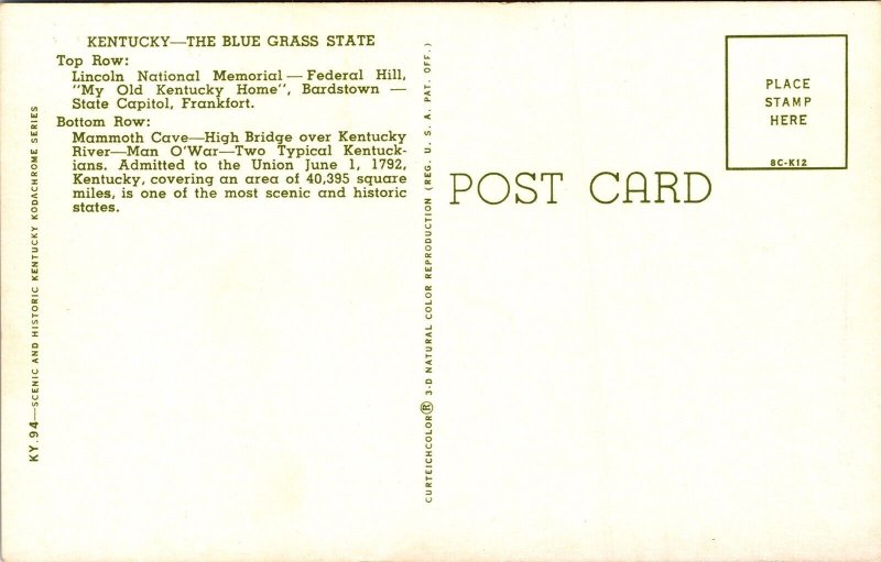 Kentucky Bluegrass State Map Multi View Mammoth Cave Horse Capitol DB Postcard 