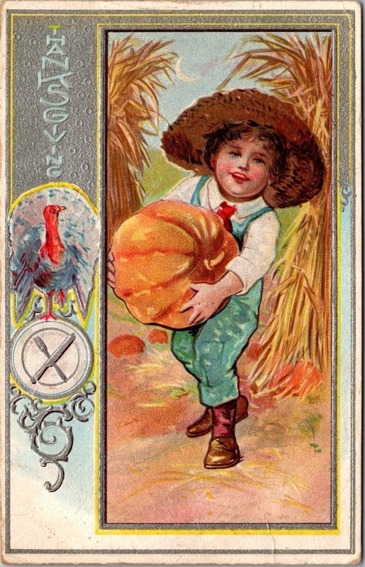 Thanksgiving Postcard Boy Carrying a Pumpkin in Field, Turkey, Plate, Silverware