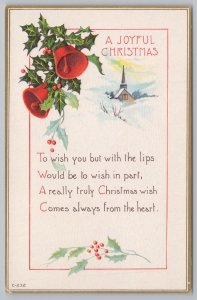 Holiday~Red Bells Holly & Church~Christmas Greeting Poem~Vintage Postcard