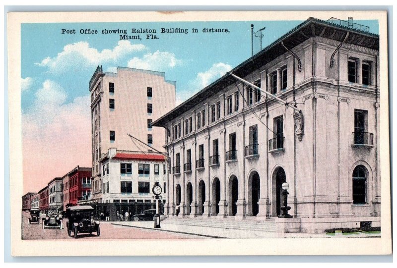 c1920's Post Office Ralston Building Street Clock Classic Cars Miami FL Postcard