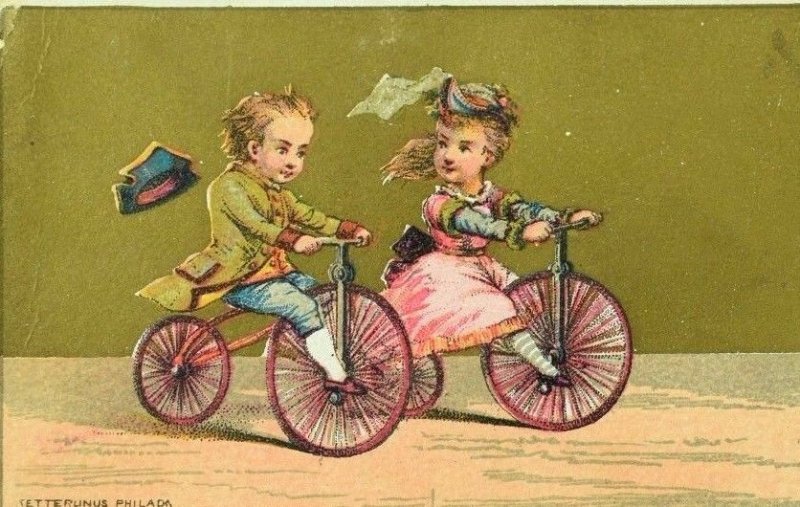 1870's-1880's Victorian Trade Card Girl & Boy Tricycle Racing P82 