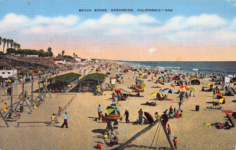 Beach Scene, Oceanside, California, Early Postcard, Unused