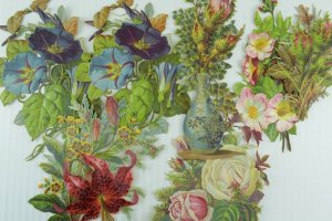 1880s FAB Morning Glories Lily Roses Vase Die Cut Victorian Cards Lot of 7 PD299