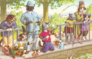 MAINZER  Dressed Cats #4925  FISHING~Policeman BELGIUM Anthropomorphic  Postcard