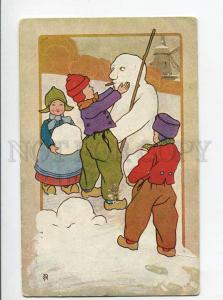 264827 X-MAS Dutch CHILDREN & SNOWMAN By OA vintage B.K.W.I.