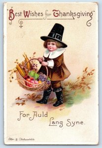 Ellen Clapsaddle Signed Postcard Thanksgiving Pilgrim Little Boy Fruits Basket