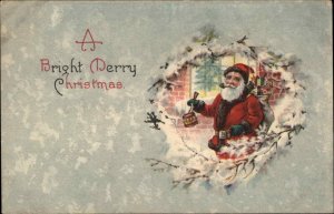 Christmas Santa Claus with Toy Drum Snow Border c1920 Vintage Postcard