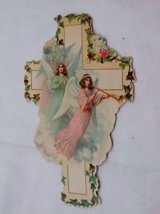 Victorian Die-Cut Cross Victorian Trade Card Archangels Trumpets Ivy Wings F45