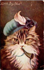 Little Boy Blue, Cat Blowing Horn Tuck 9301? Cat Studies Vintage Postcard Z26
