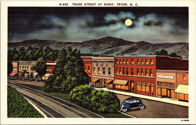 Trade St Night View Tryon NC North Carolina RR Train Track Linen Postcard UNP 