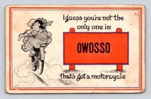 Owosso Michigan - Got a Motorcycle Pennant Postcard 1915