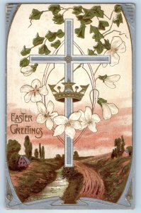 1911 Easter Greeting Holy Cross And Flowers Embossed Rochester New York Postcard