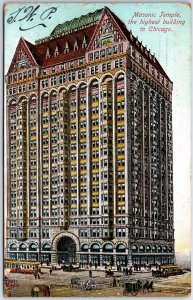 VINTAGE POSTCARD STREET SCENE AT THE MASONIC TEMPLE AT CHICAGO ILL POSTED 1909