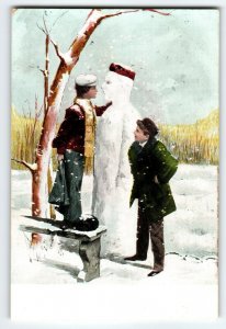 Christmas Postcard Human Like Snowman Children Snow Unusual Vintage Series 341