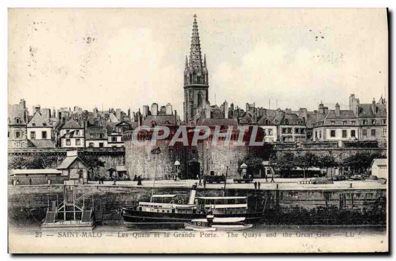 Postcard Old Saint Malo Quays and The Great Gate Boat Stamp Daguin