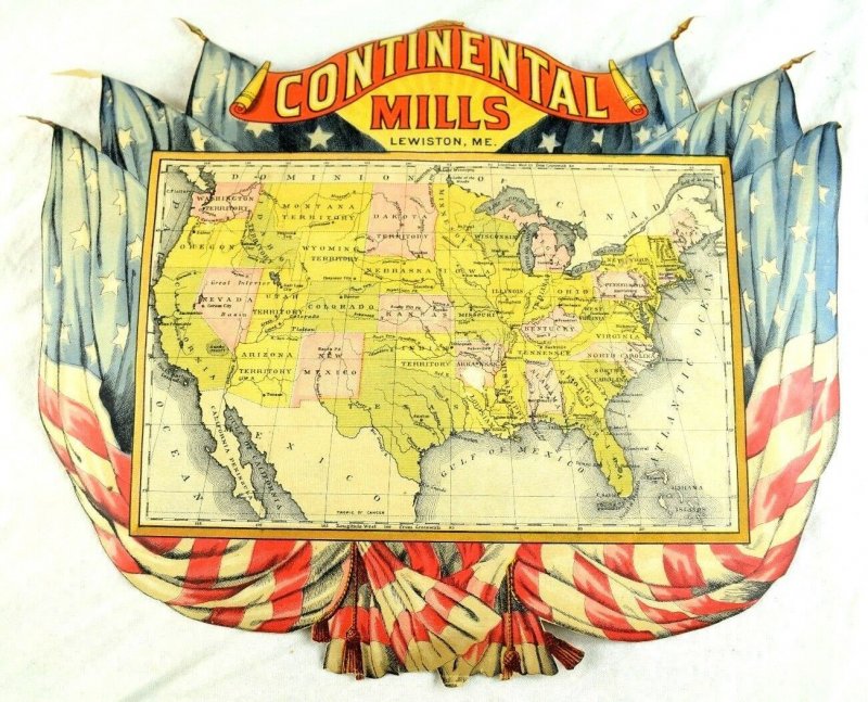 US Map 8 Territories Continental Mills, Lewiston, ME Scrap 8 1/4 X 9 3/4 &D 