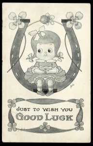 Good Luck Horseshoe Swing with little girl - signed Bishop - 1910