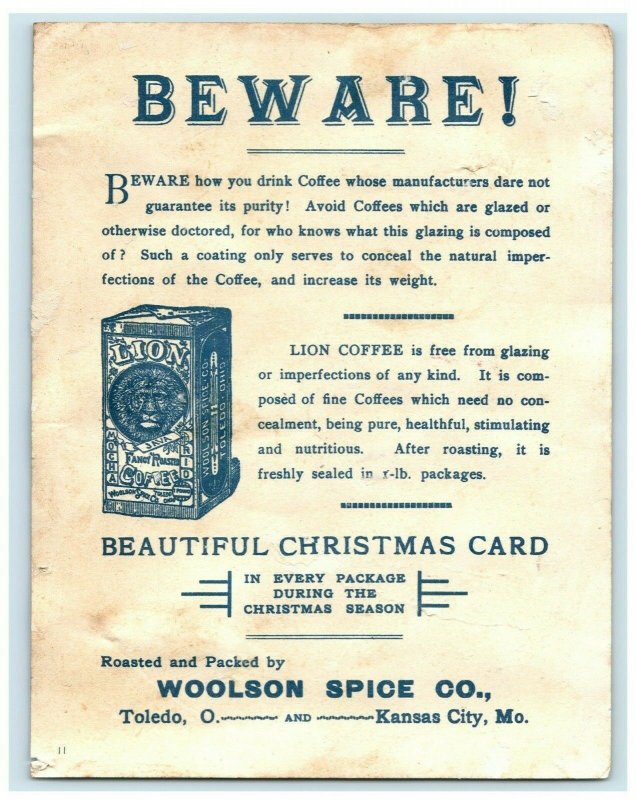 1893 Christmas Lion Coffee Woolson Spice Co. Children Sledding Snow *D