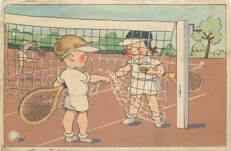 Comic tennis players handshake caricature Postcard