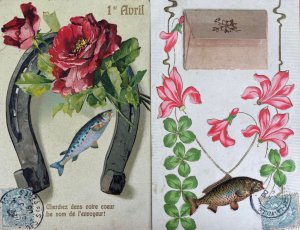 Embossed rose & fish 1st of April luck horseshoe greetings postcards 1905 France 