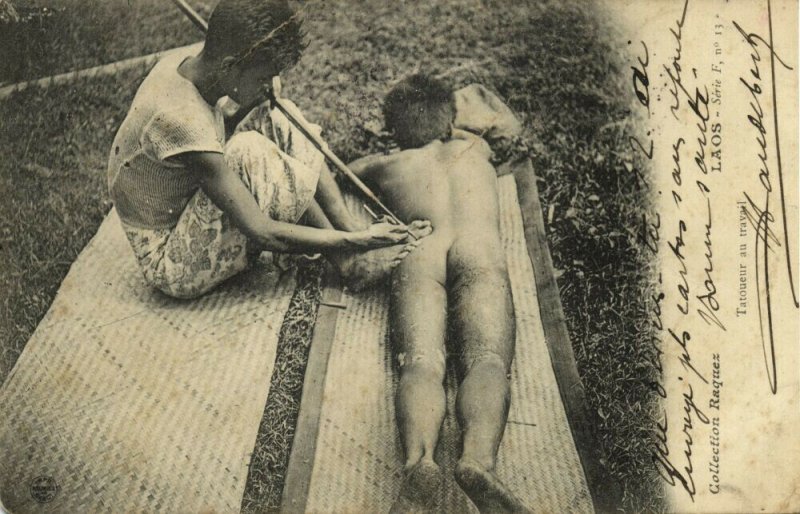 indochina, LAOS, Native Tattoo Artist at Work (1908) Postcard 