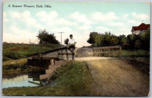 Enid Oklahoma 1910 Postcard A Summer Pleasure Man S/itting On Fence