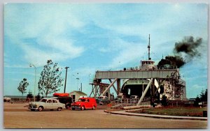 St. Ignace Michigan 1950s Postcard Disembarking From State Ferry Cars Trucks