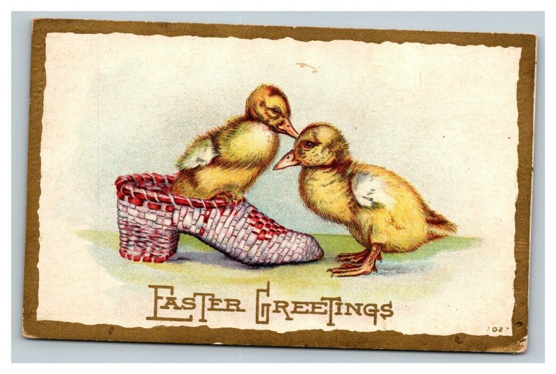 Vintage 1910's Winsch Back Easter Postcard Cute Ducklings Play in Old Shoe Gold