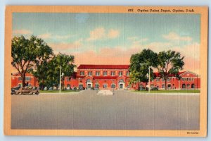 Ogden Utah UT Postcard Entrance Union Depot Terminal Station Building Cars Scene