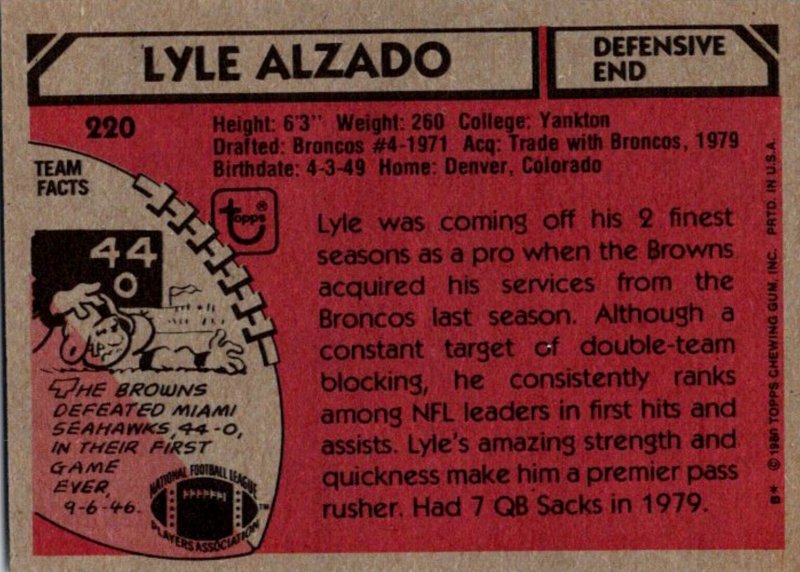 1980 Topps Football Card Lyle Alzado DE Cleveland Browns sun0408