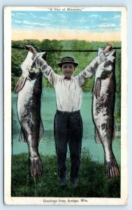 Greetings From ANTIGO, WI Wisconsin ~ FISH EXAGERRATION 1928 Postcard