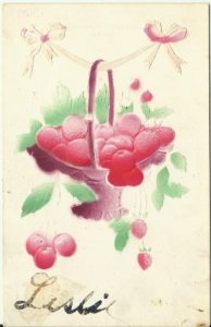 Basket of Red Cherries and Strawberries Heavily Embossed Air Brushed 1908