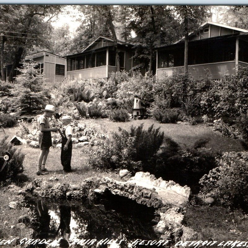 c1940 Detroit Lakes, Minn. Fair Hills Resort RPPC Boys Cabin Vacation MN A161