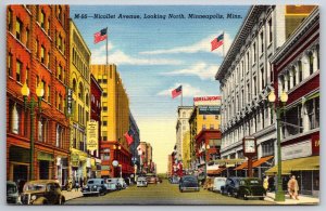 Minneapolis Minnesota~Nicollet Ave Looking North~US Flag~Vintage Linen Postcard