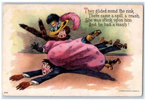 1909 Fat Woman Slipped Roller Skater Topeka Kansas KS RPO Antique Postcard 