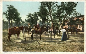 Grand Canyon AZ Trail Party Horses Front of El Tovar Fred Harvey Postcard