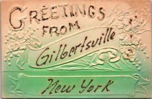 Postcard NY Gilbertsville Greetings embossed glitter