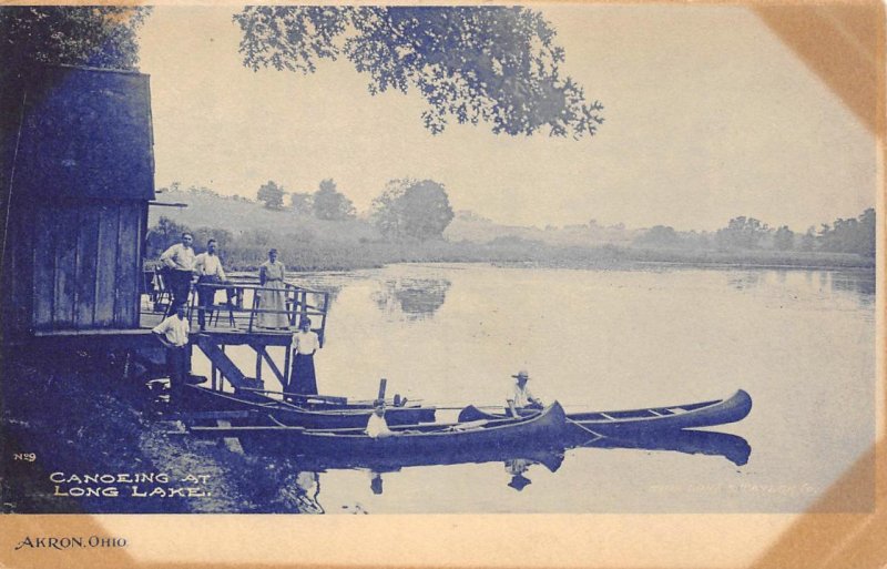 Canoeing At Long Lake AKRON, OHIO Albertype Co c1910s Cyanotype Antique Postcard