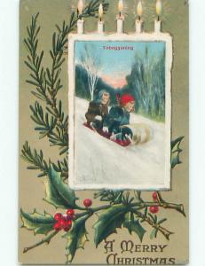 Pre-Linen christmas TWO CUTE GIRLS SHARE A TOBOGGAN SLED RIDE J1468