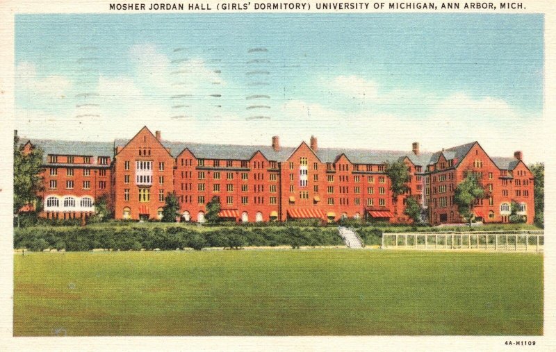 Mosher Jordan Hall Girls Dormitory University Of Michigan Vintage Postcard 1952