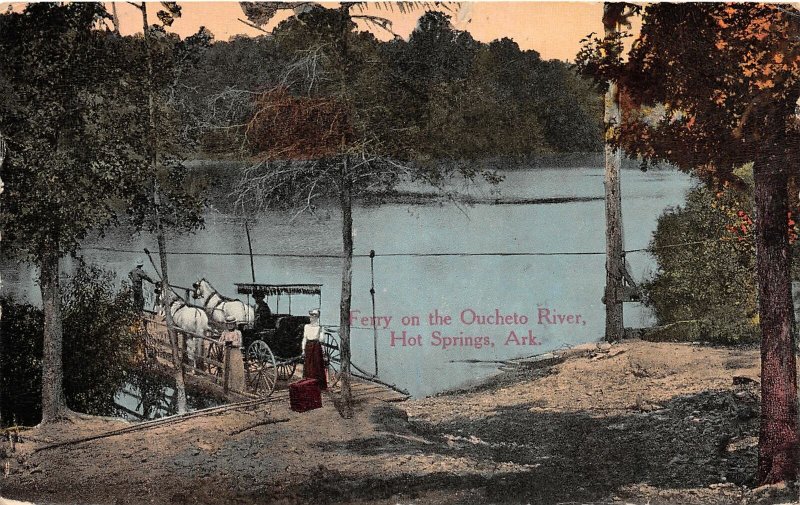 G95/ Hot Springs Arkansas Postcard 1915 Ferry On Oucheto River Horse Buggy