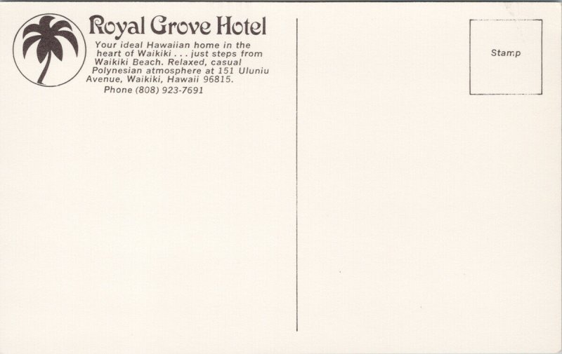 Royal Grove Hotel Waikiki Hawaii HI Uluniu Avenue Unused Postcard G44