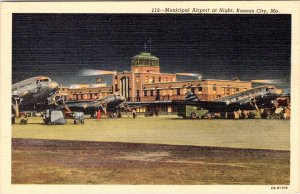 Kansas City MO Missouri MUNICIPAL AIRPORT~Night PLANES ca1940s Aviation Postcard
