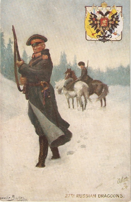 Granville Baker.Soldiers of the Worl. Russians Drgons. Horses Tuck Oilette PC