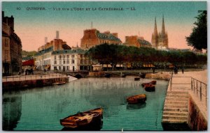 Quimper - Vue Sur L'Odet Et La Cathedrale France Canal Boating Building Postcard