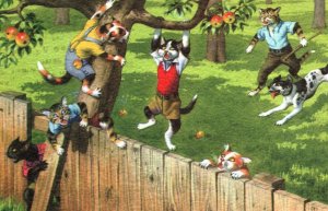 VINTAGE POSTCARD ANIMATED CHARACTER CATS - CHASED UP THE TREE BY THE DOG