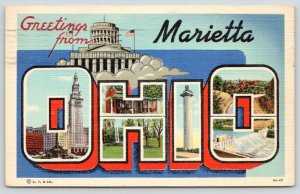 Marietta Ohio~State Large Letter Linen Postcard~Capitol in Clouds~1939